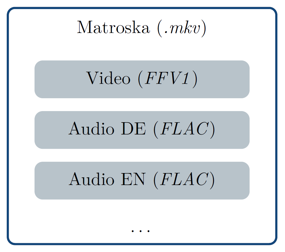 Das Containerformat Matroska enthält einen Video- und zwei Audiostreams. Die Punkte deuten an, dass weitere Inhalte möglich sind. Der verwendete Codec für den Film ist FFV1, der für beide Tonspuren FLAC.
